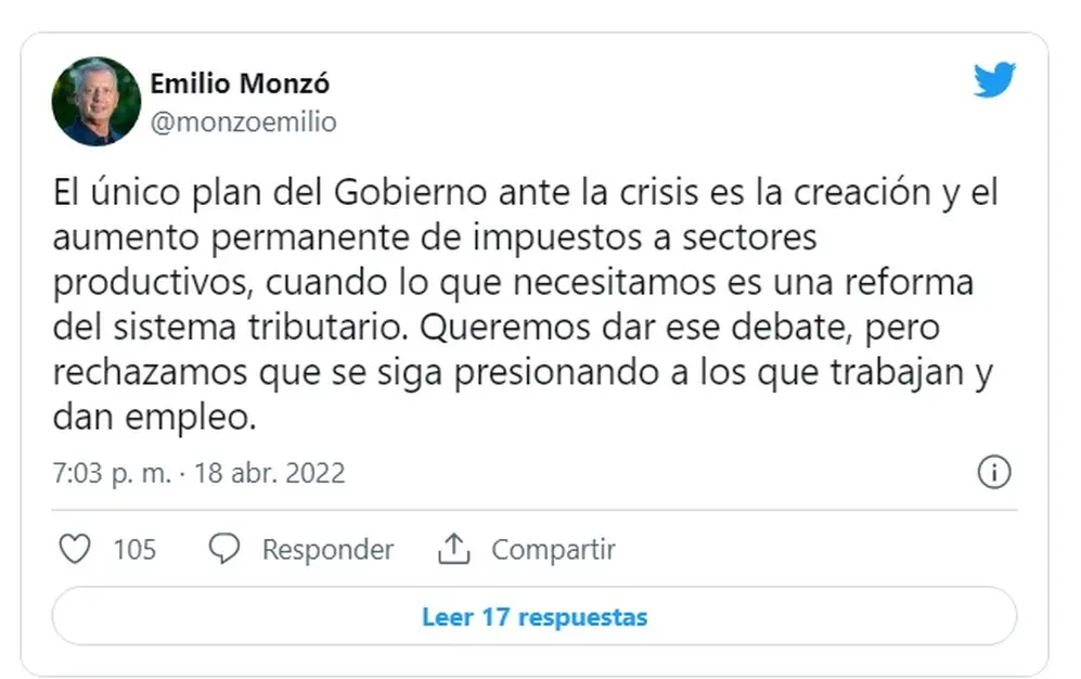 Monzó pidió una reforma al sistema tributario
