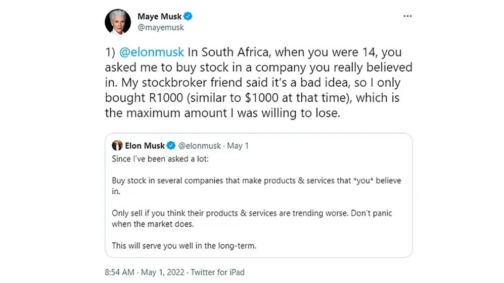 El tuit de Maye Musk sobre los consejos de inversión de su hijo, Elon Musk