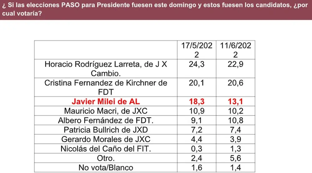 Milei permanece como el tercer candidato en importancia (Aragón y Asoc. junio 2022)