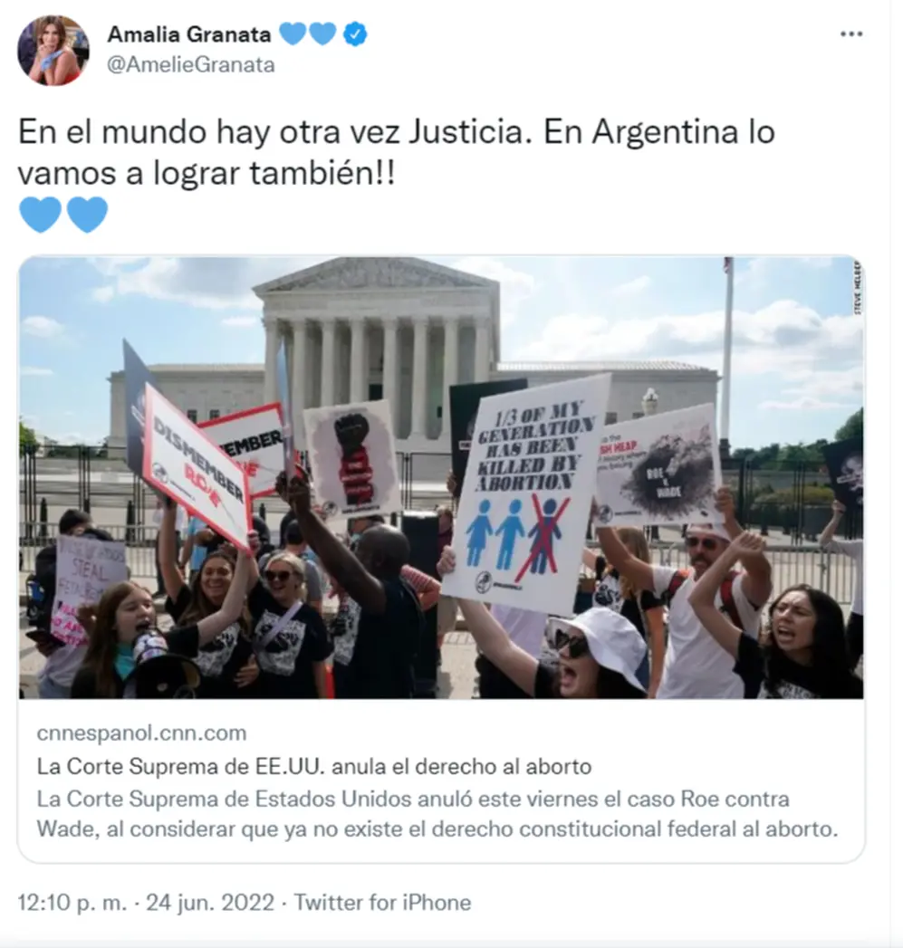El tuit que publicó Amlia Granata