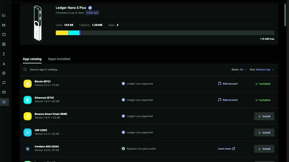 Aplicaciones en la Ledger Nano S Plus.