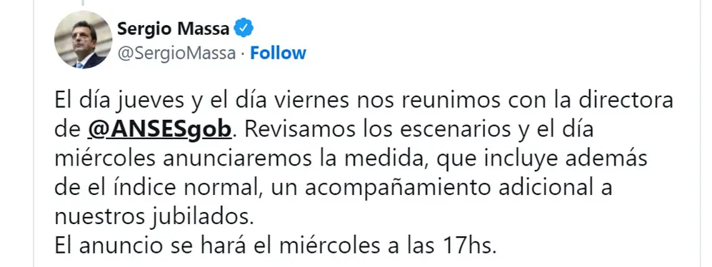 Sergio Massa anticipó que el miércoles se anunciará el nuevo bono para jubilados.