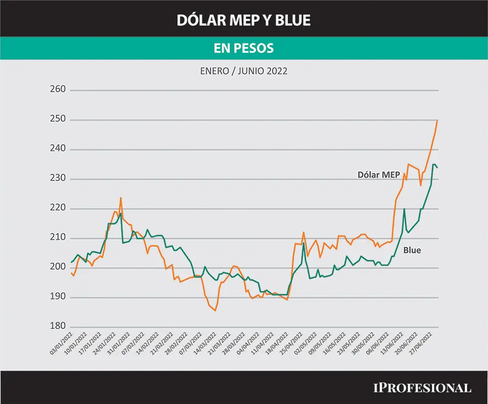 Dólar MEP y blue en pesos entre enero y junio