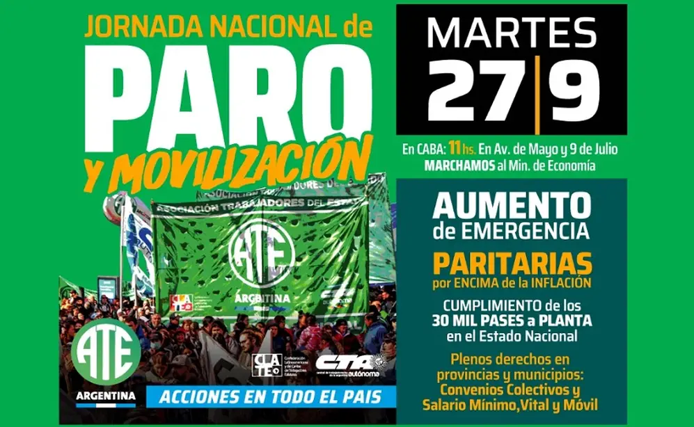 ATE ratificó el paro de este martes. Se concentrarán en Avenida de Mayo y 9 de julio desde las 11.
