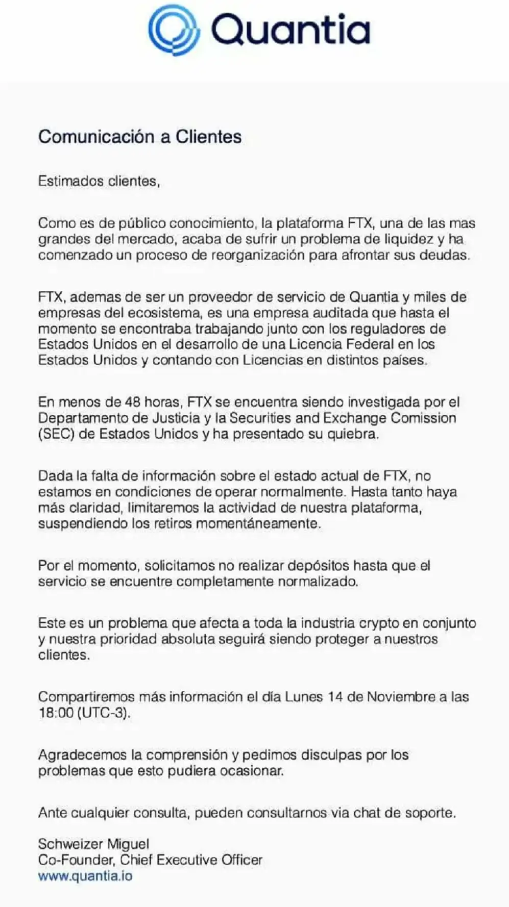 El comunicado que Quantía difundió en sus redes.
