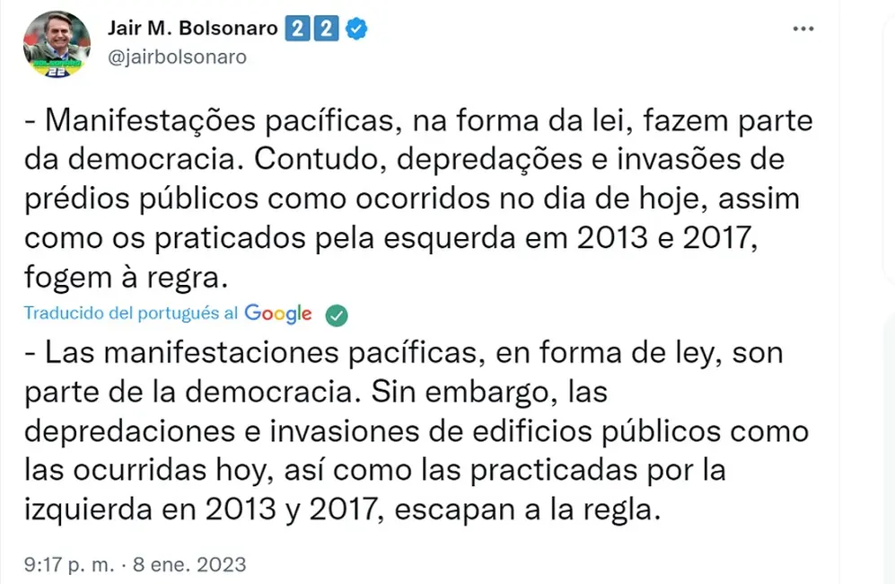 Bolsonaro repudió el ataque contra el Congreso en Brasilia.