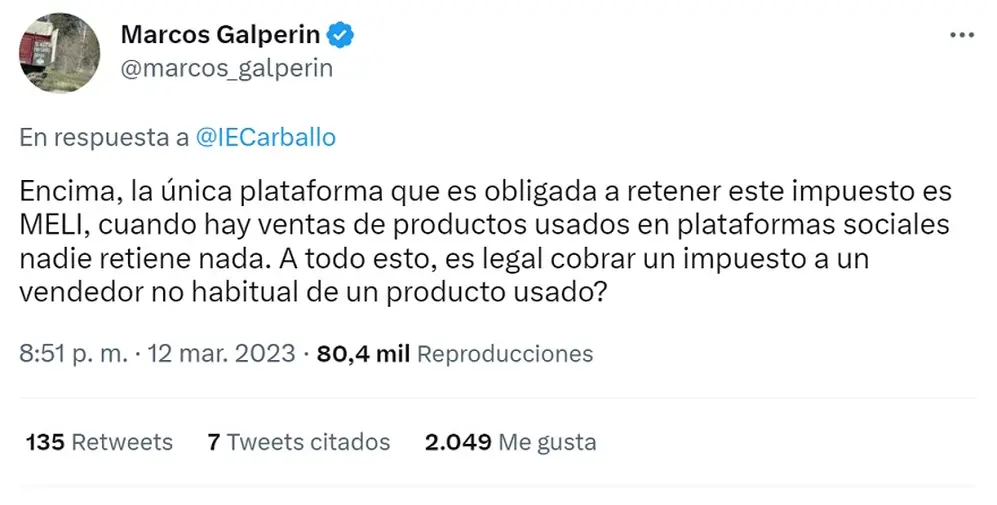 La respuesta del CEO de Mercado Libre al usuario que se quejó por la retención de IVA.