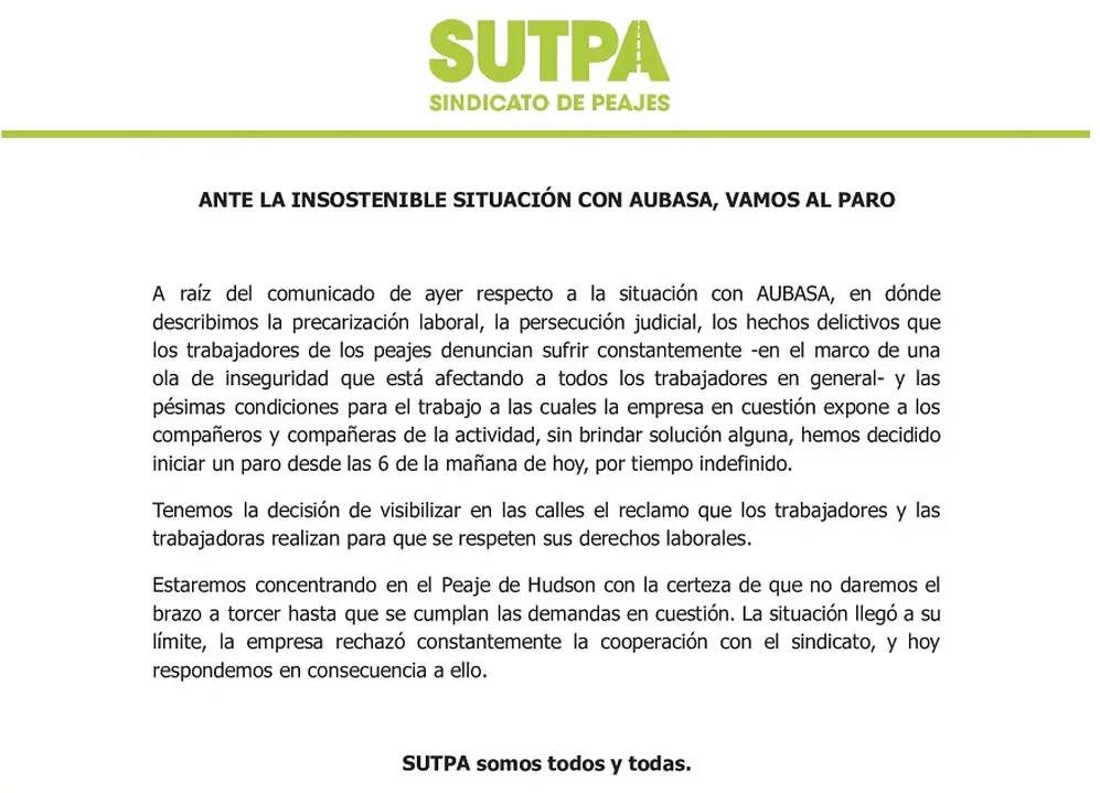 El comunicado de SUTPA.
