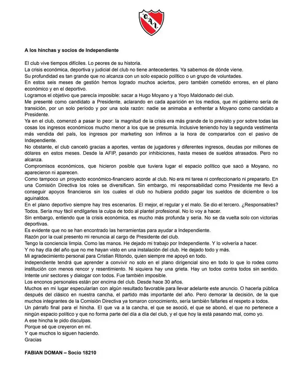 El comunicado completo de Fabián Doman.