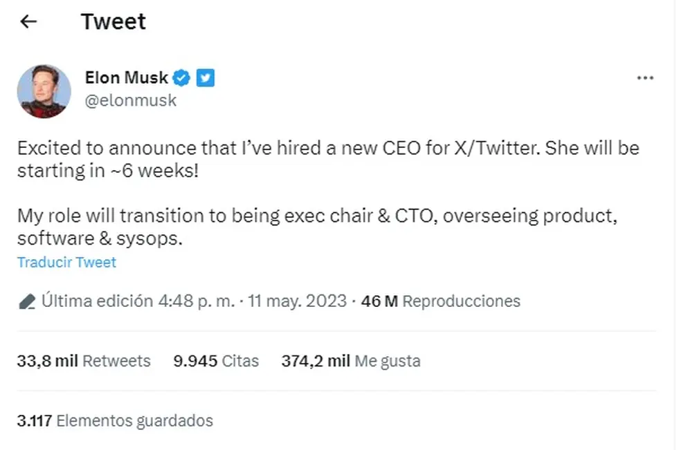 En un tuit, Elon Musk anunció que contrató una CEO para Twitter