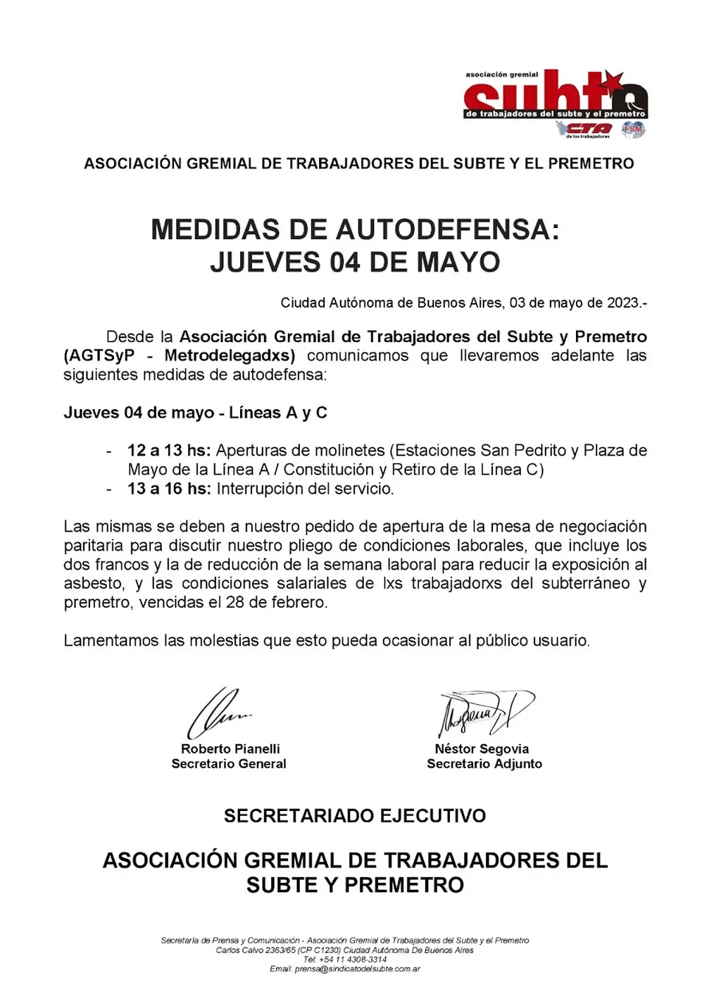 El comunicado emitido por el gremio de trabajadores del subte.