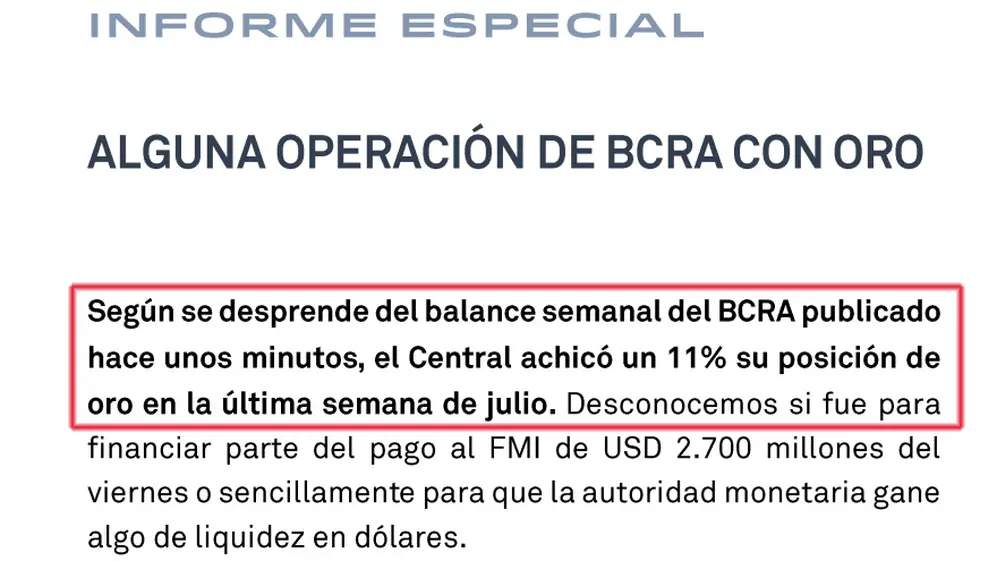 El informe de la consultora 1816 advierte sobre la venta de oro del BCRA.