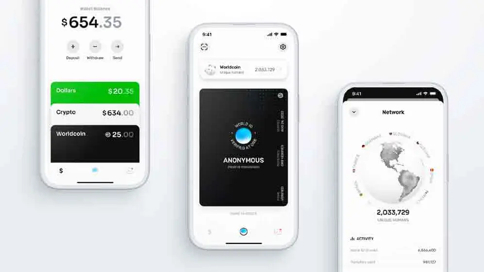 La aplicación de Worldcoin en un celular. Imagen provista por Worldcoin.