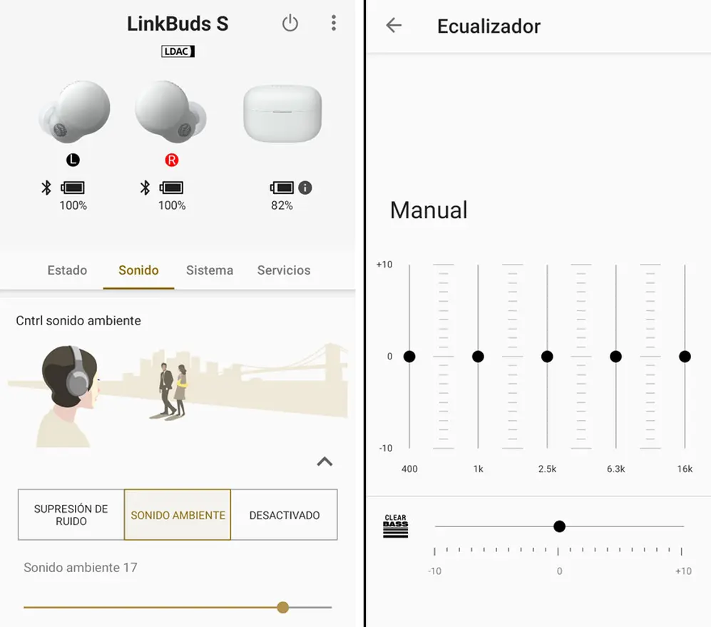 Dos pantallas de la app móvil de Sony, que es indispensable para aprovechar al máximo las cualidades de los LinkBuds S.