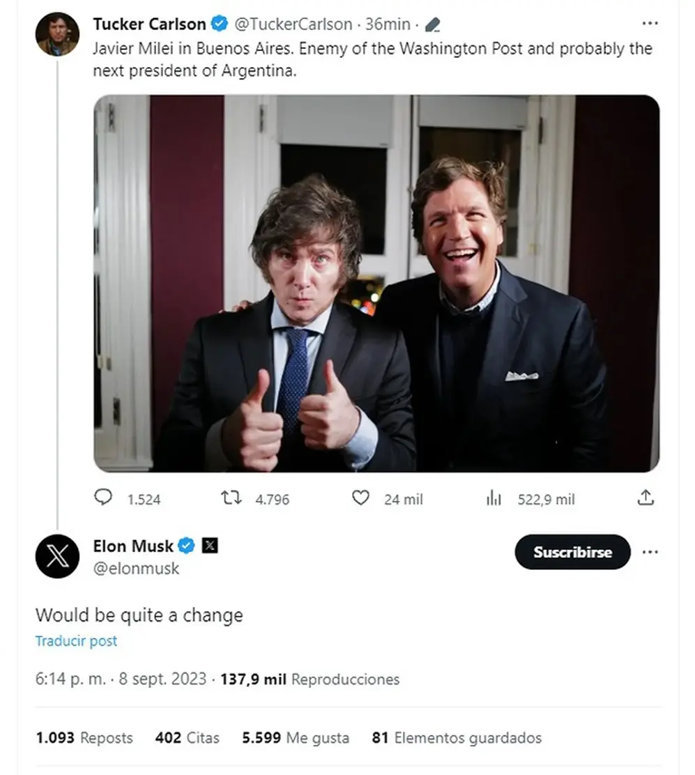 Elon Musk apoyó a Milei pero luego borró el mensaje