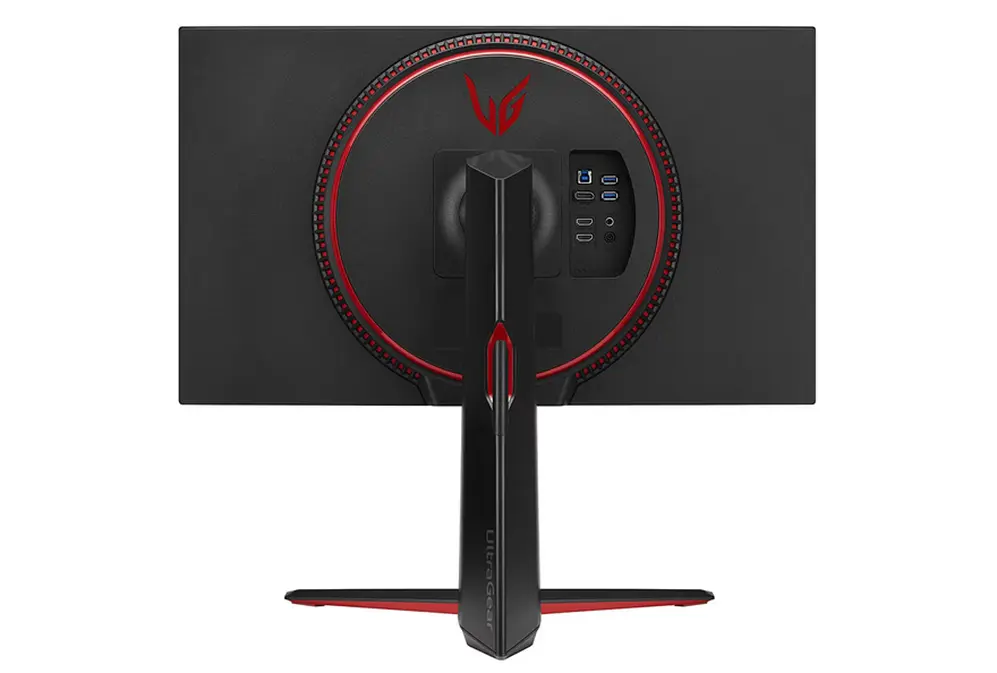 La parte trasera del monitor, con el panel de conectores y el soporte ajustable.