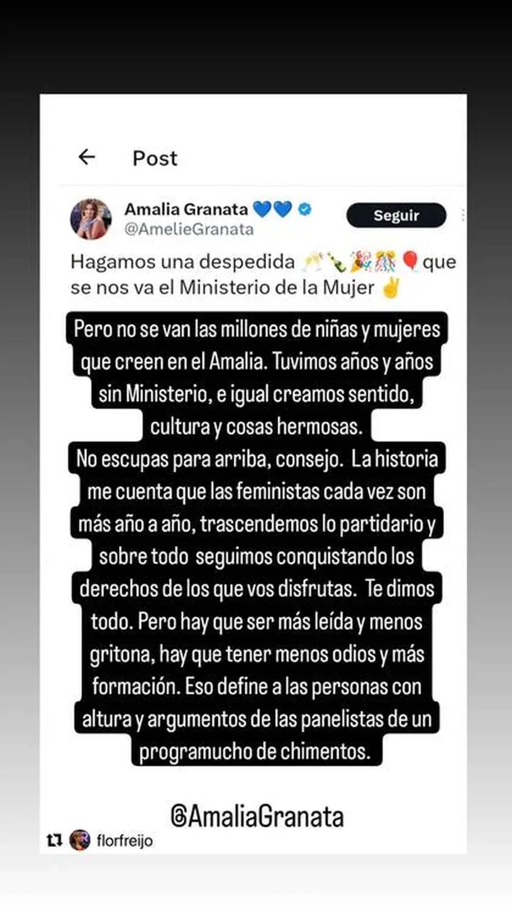Nancy Duplaá republicó el posteo de Flor Feijo