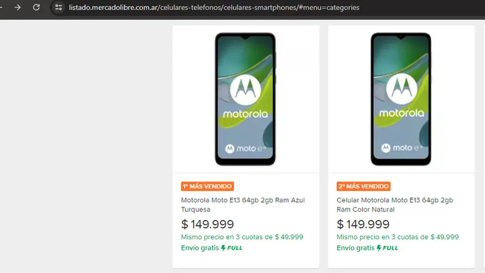 El Moto E13 ocupa los dos primeros lugares de los celulares más vendidos en Mercado Libre.