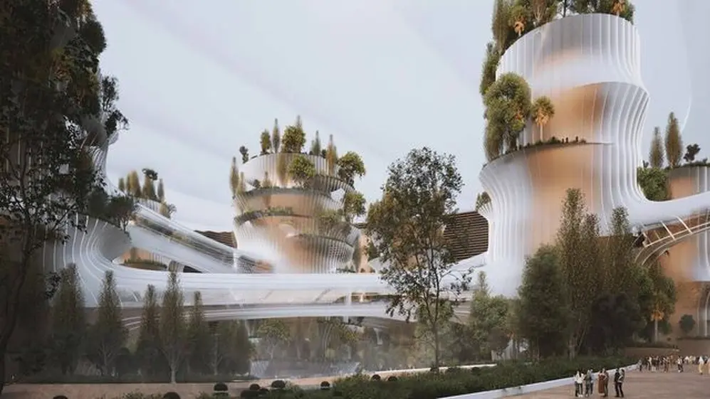 El aeropuerto-ciudad cuenta con edificios, hoteles y avenidas con jardines. 