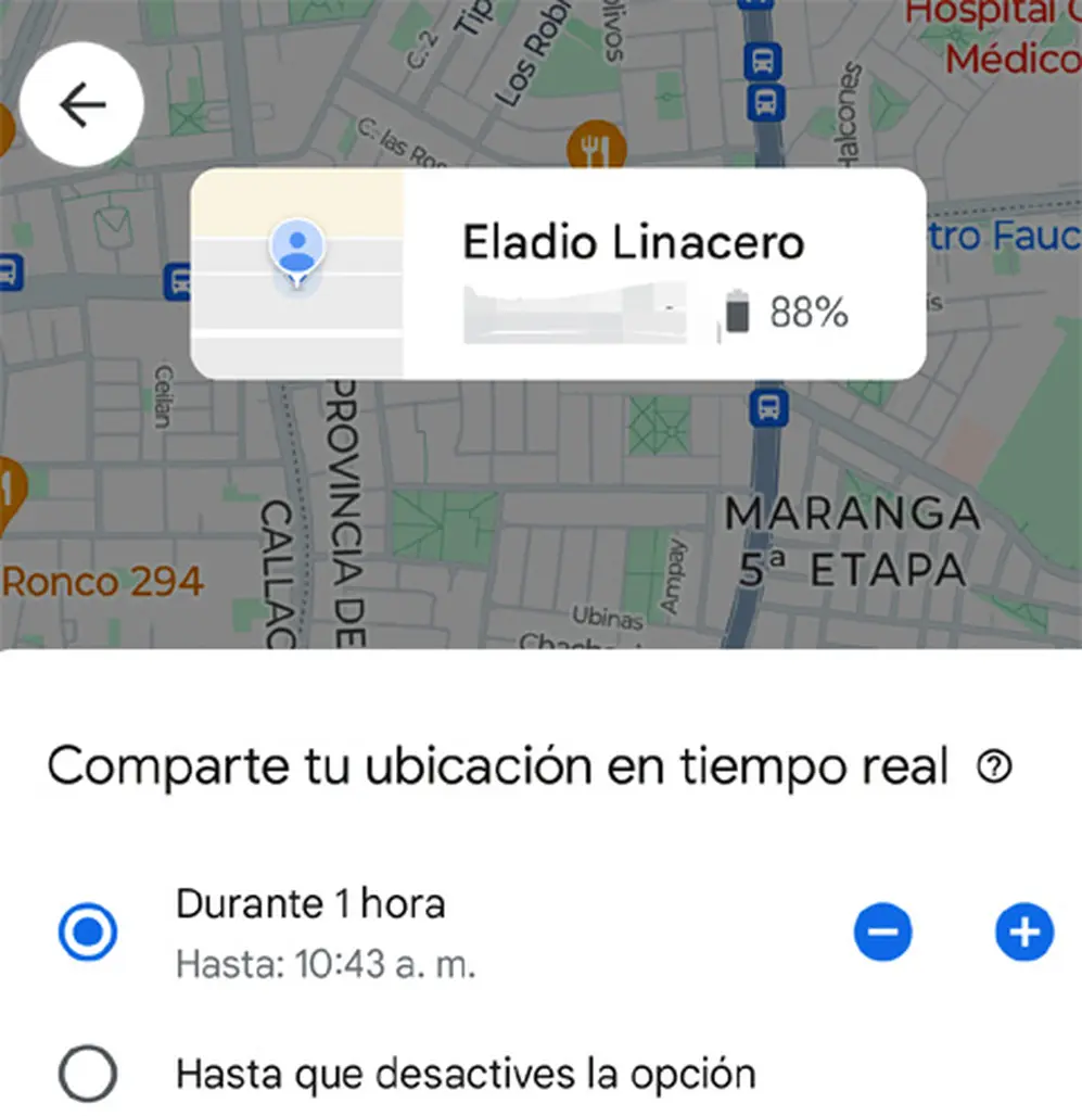En Google Maps se puede definir el tiempo de compartir la ubicación.