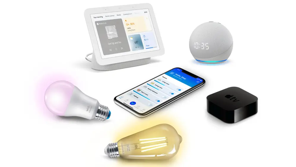Componentes de un sistema de iluminación inteligente en el hogar.