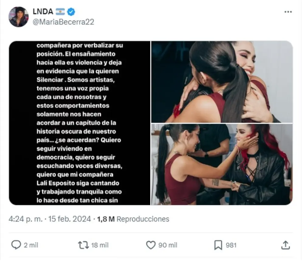 María Becerra, una de las artistas que respaldó a Lali Esposito