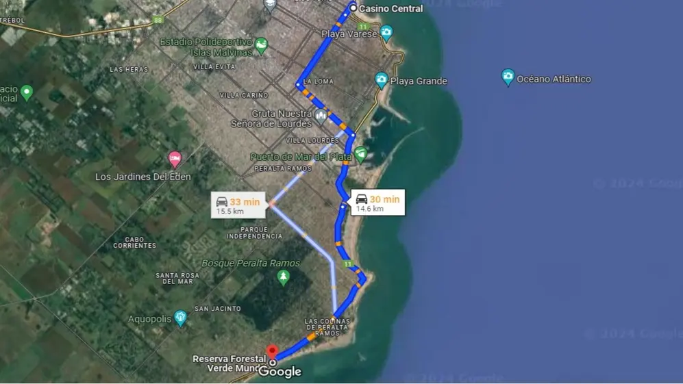 El recorrido que hay que realizar en auto para llegar desde el centro
