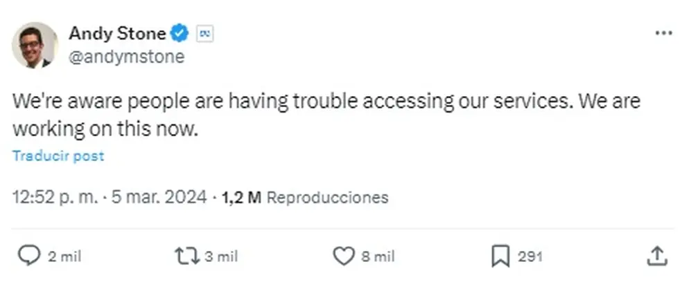 Andry Stone, uno de los encargados de prensa de Meta, confirmó que estaban trabajando en la falla