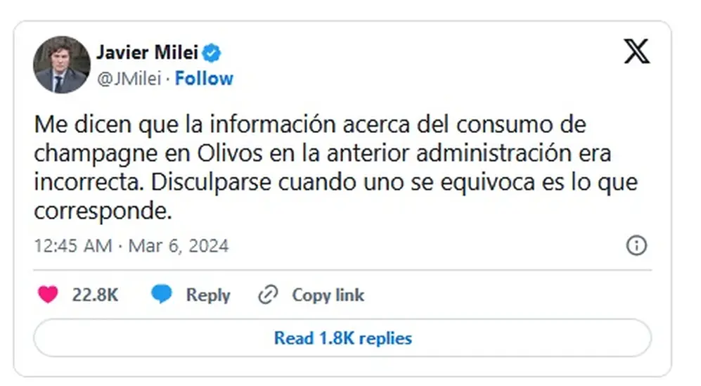 El pedio de disculpas de Javier Milei en redes sociales