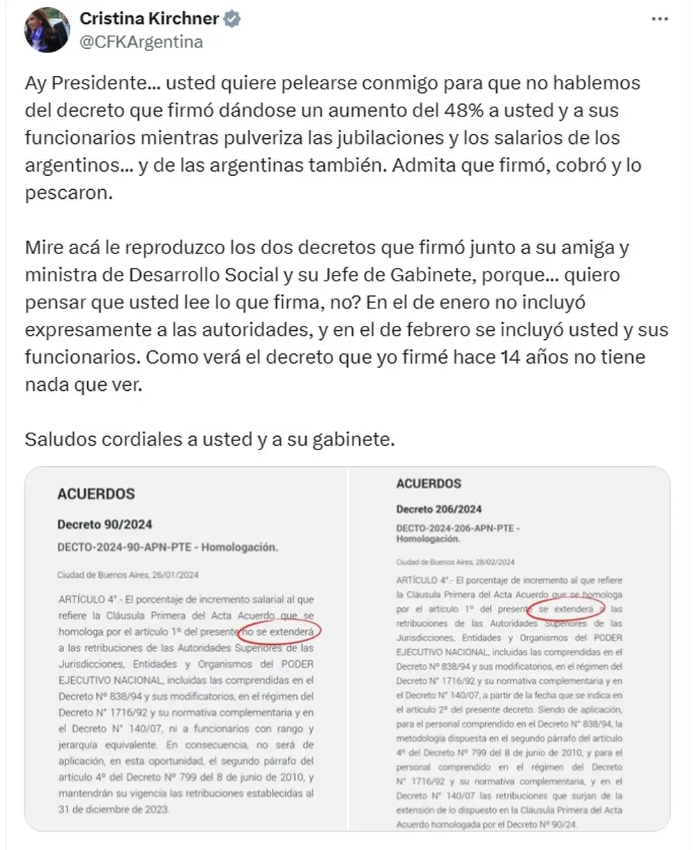 Fernández de Kirchner acusa a Milei de desviar la atención peleándose con ella vía redes