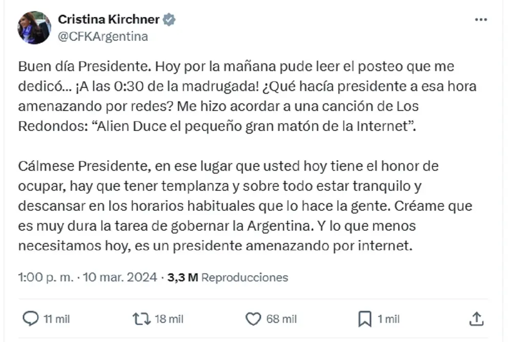 Otro de los mensajes que la exvice le dedicaría al jefe de Estado