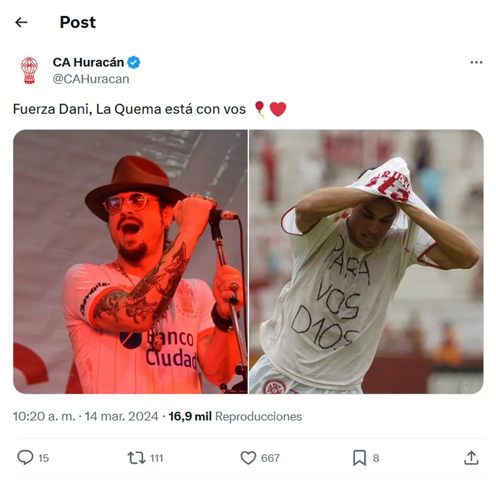El Club Huracán fue uno de los primeros en solidarizarse con Daniel Osvaldo en este momento