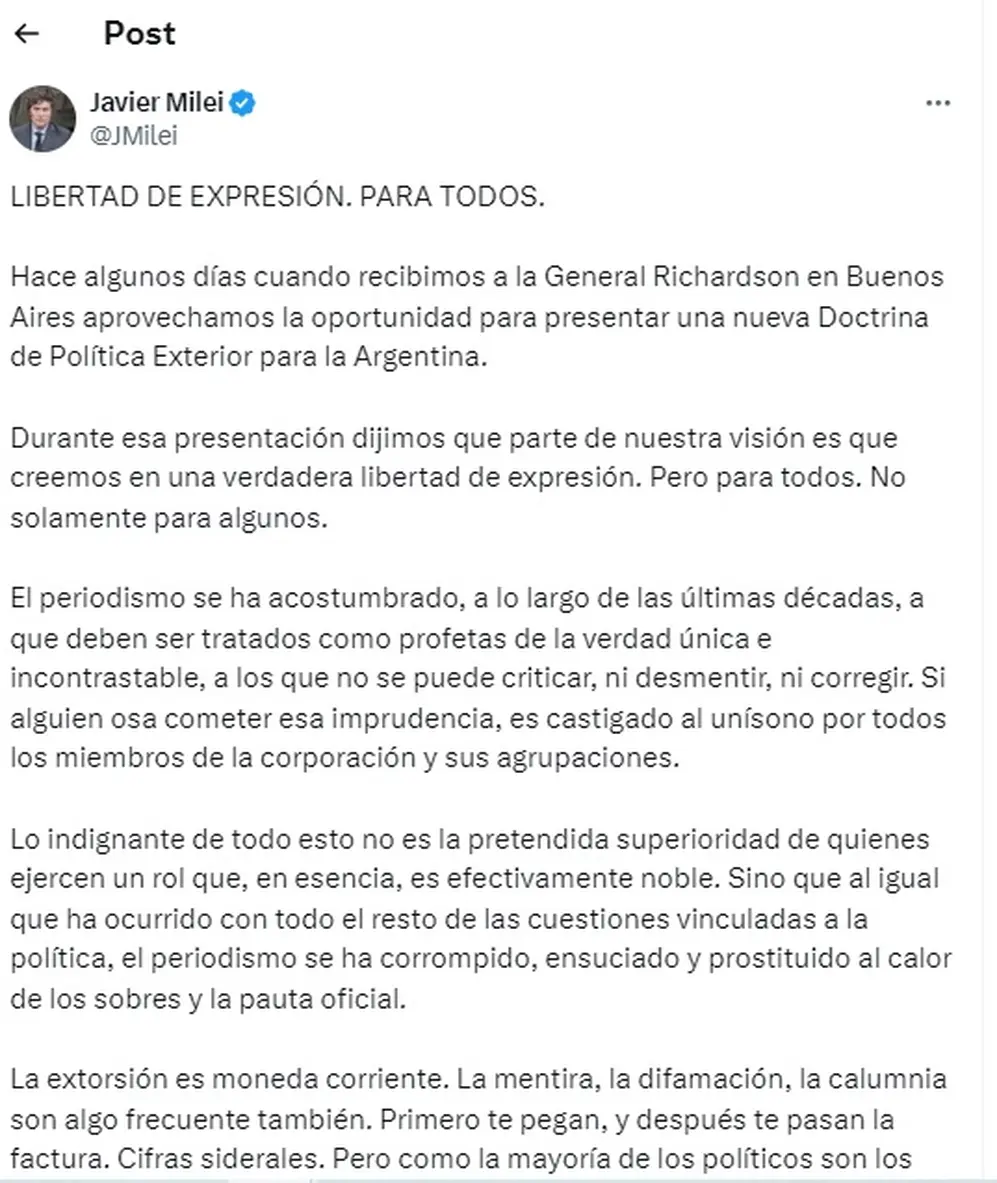 Javier Milei arremetió contra el periodismo en un mensaje de X