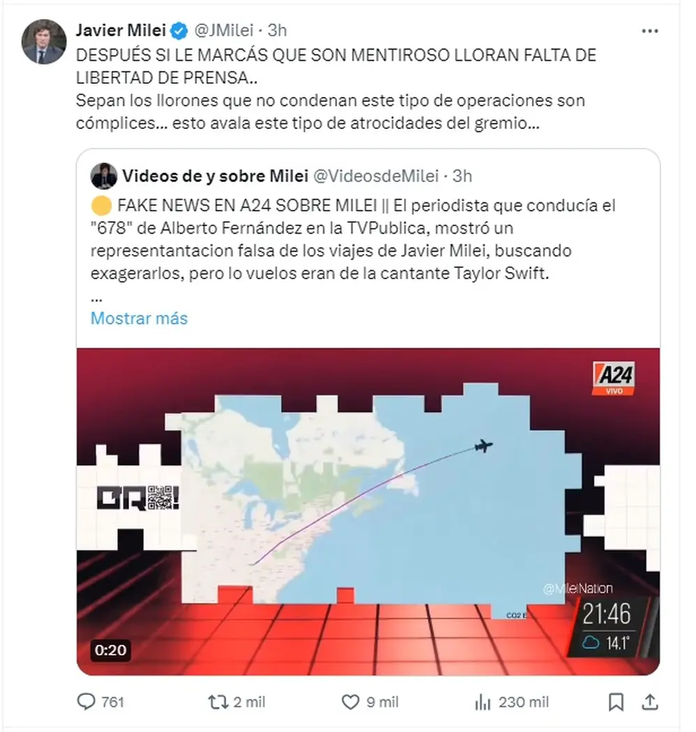 El tuit de Javier Milei criticando al periodista que mostró los viajes de Taylor Swift