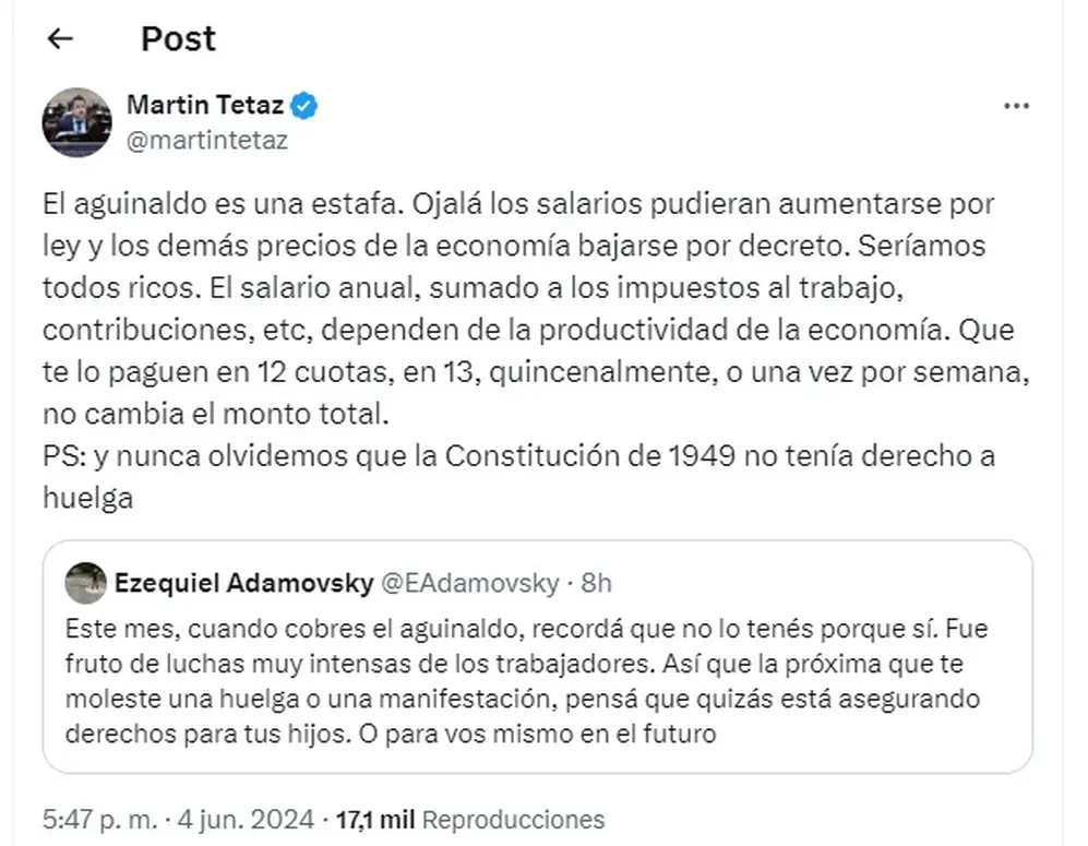El diputado Martín Tetaz criticó el aguinaldo y dijo que 