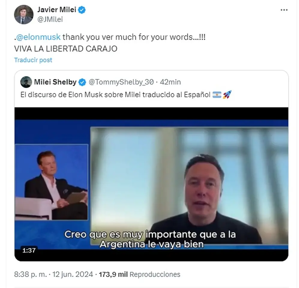 Javier Milei le agradeció al dueño de Tesla y Space X por el respaldo