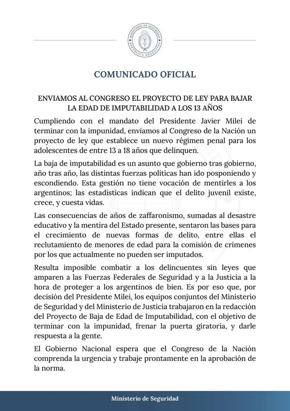 El ministerio de Seguridad informó que envió al Congreso el proyecto de ley para bajar la edad de imputabilidad