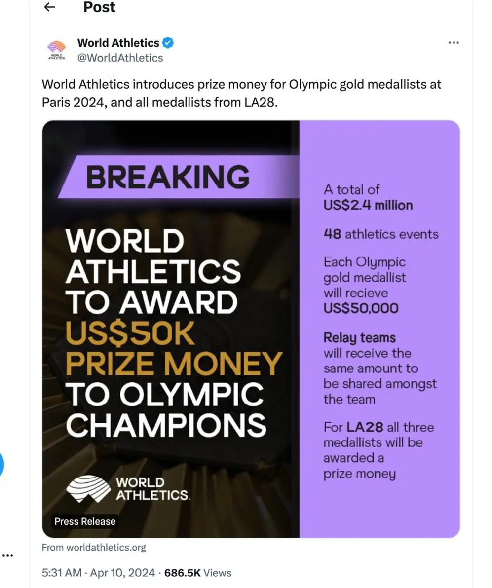 Los ganadores de medallas de oro de atletismo recibirán 50.000 dólares