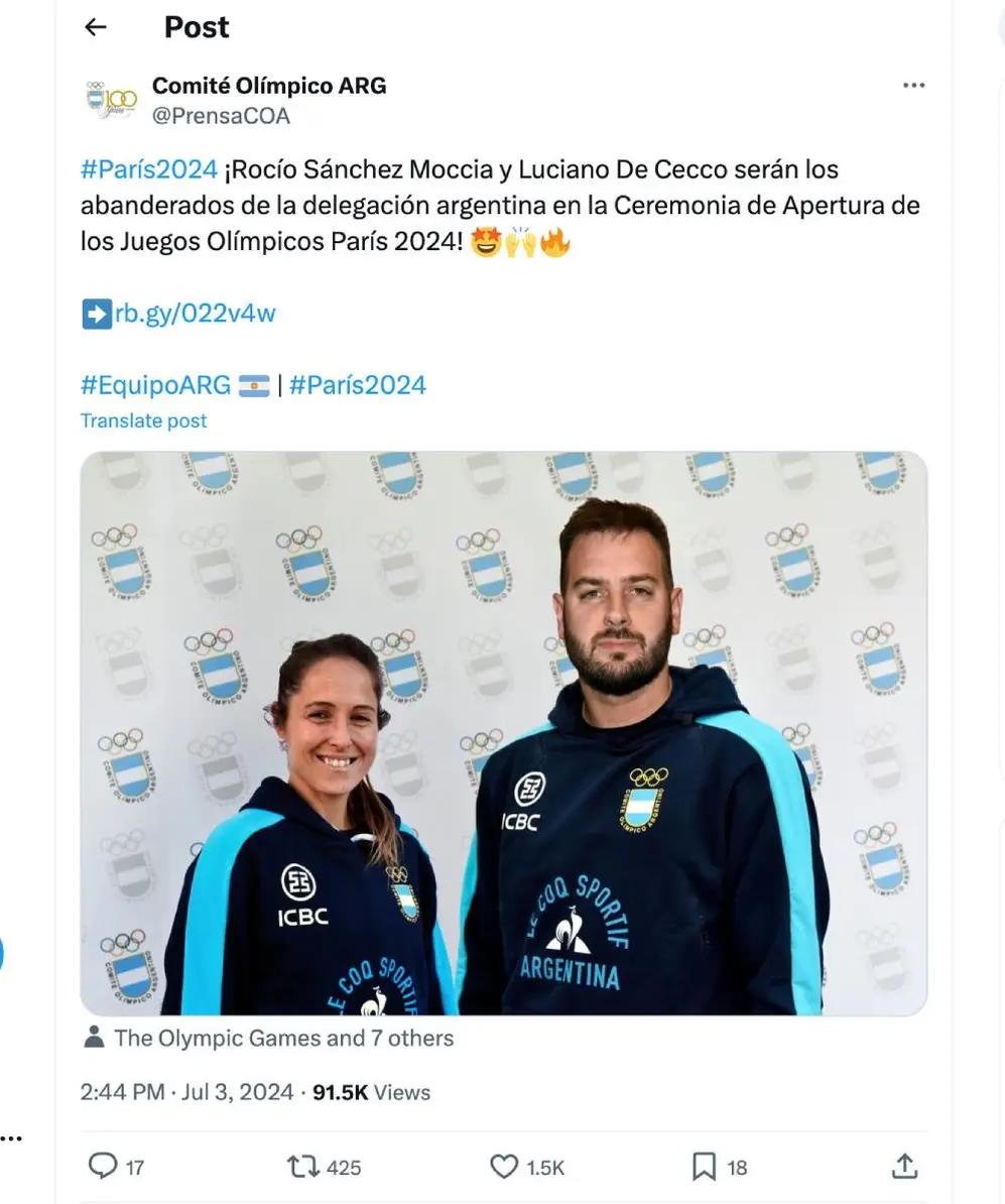 Los abanderados argentinas serán Rocío Sánchez Moccia y Luciano De Cecco