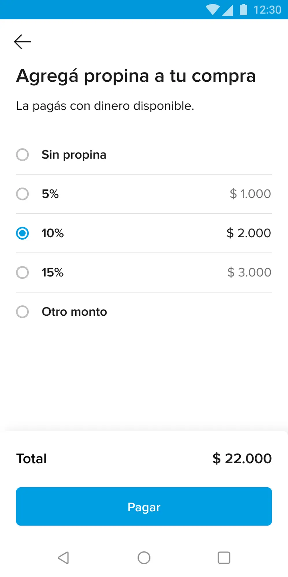 Luego de escanear el QR, se debe elegir el monto de la propina: no puede superar el 15% de la cuenta
