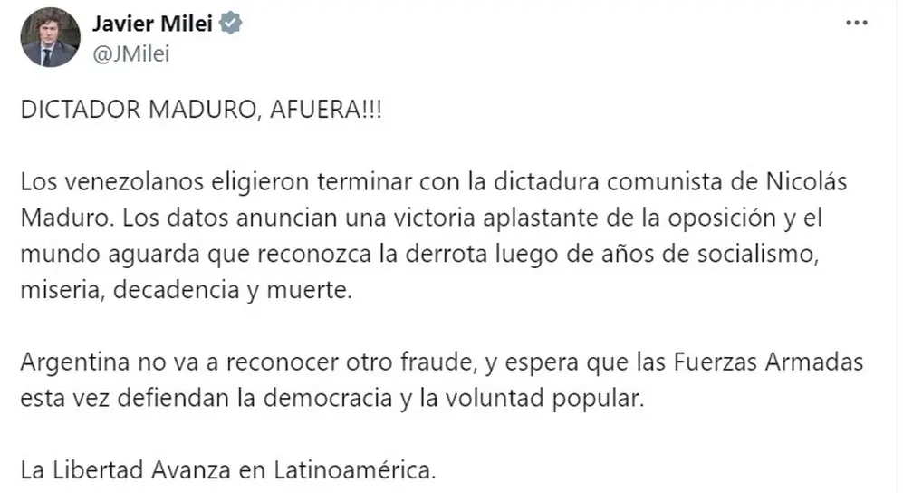 Milei se pronunció contra los resultados anunciados en Venezuela