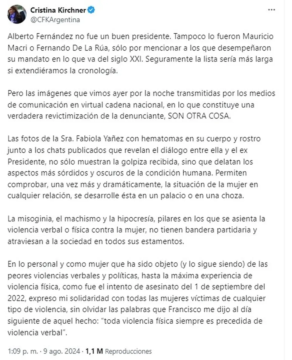 Tuit de Cristina Kirchner contra Alberto Fernandez