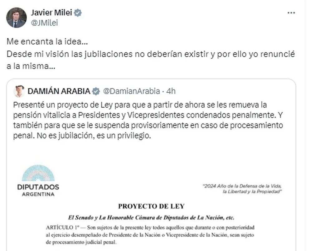 La reacción de Javier Milei ante el proyecto de ley para quitarle la jubilación de privilegio a Alberto Fernández