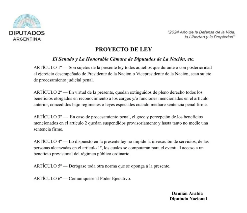 Proyecto de ley para quitar la pensión al expresidente Alberto Fernández