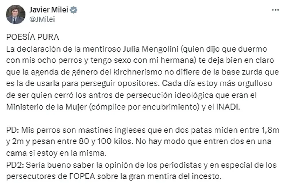 Las críticas de Javier Milei contra Julia Mengolini 