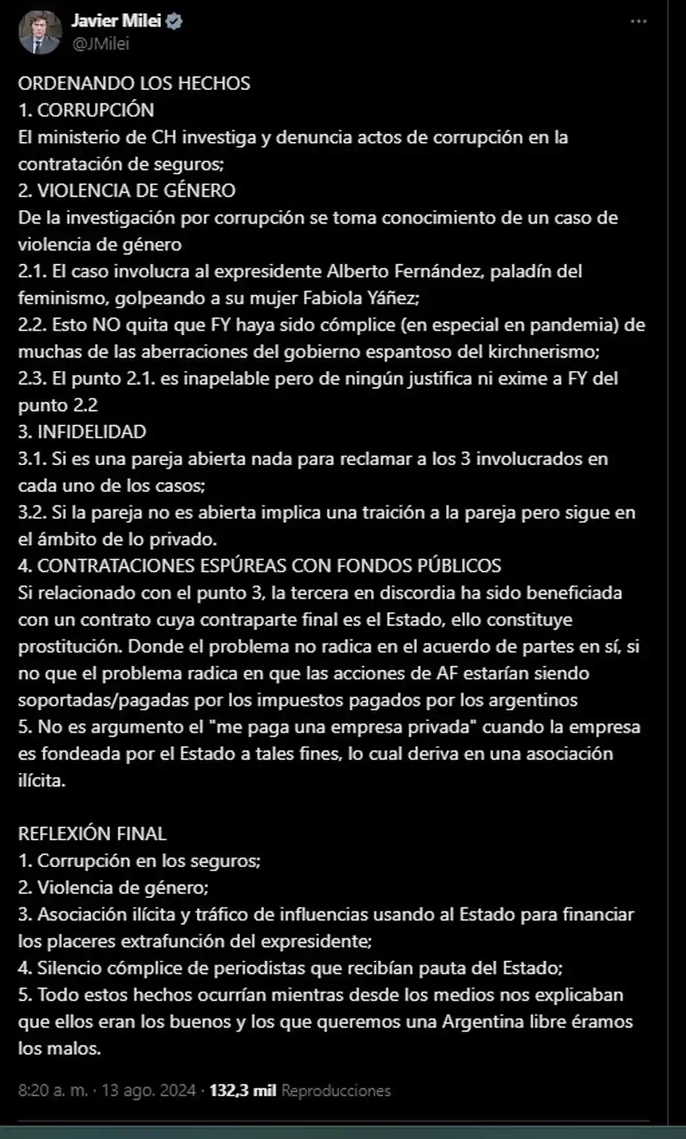 Milei arremetió contra Alberto Fernández, Fabiola Yañez, Tamara Pettinato y los medios