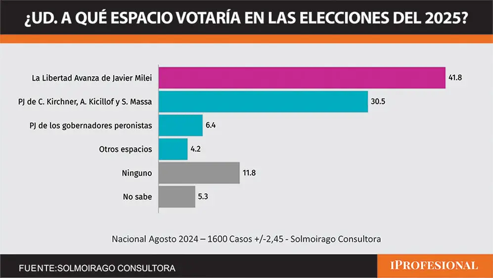 El espacio de Milei surgió como claro favorito de la encuesta con más de 10 puntos de ventaja sobre el peronismo/kirchnerismo