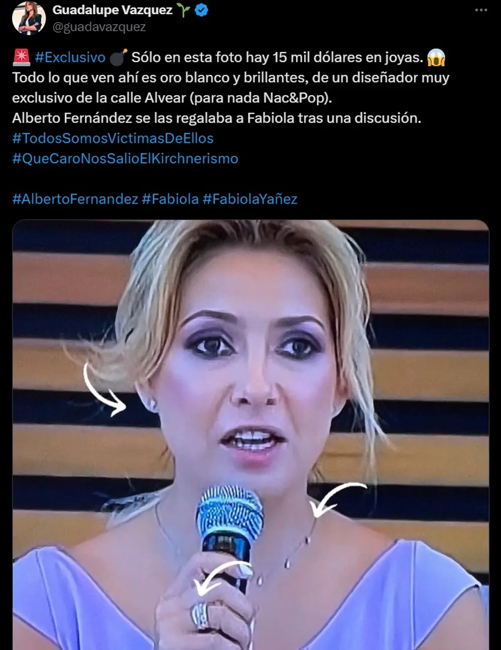 La periodista Guadalupe Vázquez advirtió sobre el valor de las joyas que Fabiola Yañez utilizaba.