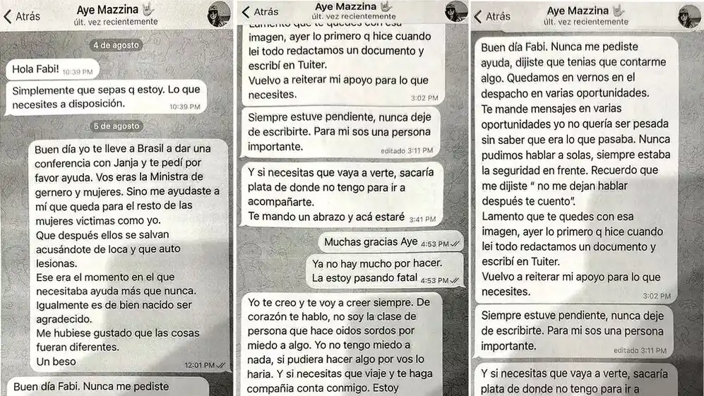 Parte de los chats que Fabiola Yañez mantuvo con Ayelén Mazzina entre el 4 y 5 de agosto pasado.