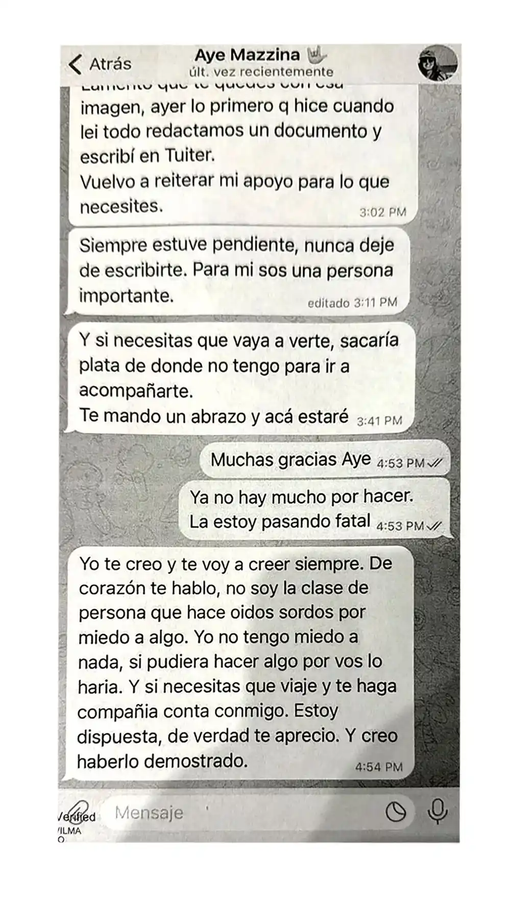Ayelén Mazzina sostuvo su apoyo a Fabiola Yañez en las conversaciones más recientes que ambas mantuvieron.